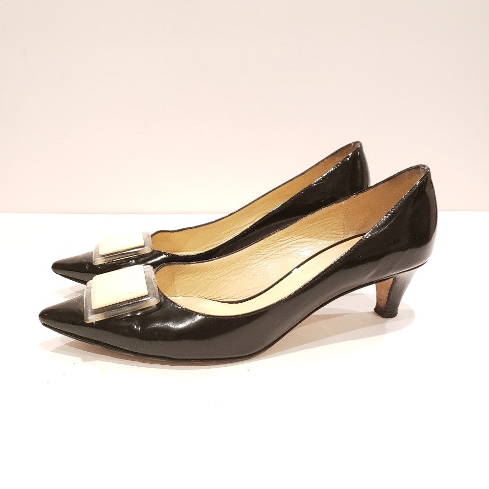 GORGEOUS Kate Spade womens size 8 heels black patent leather pointed toe kitten